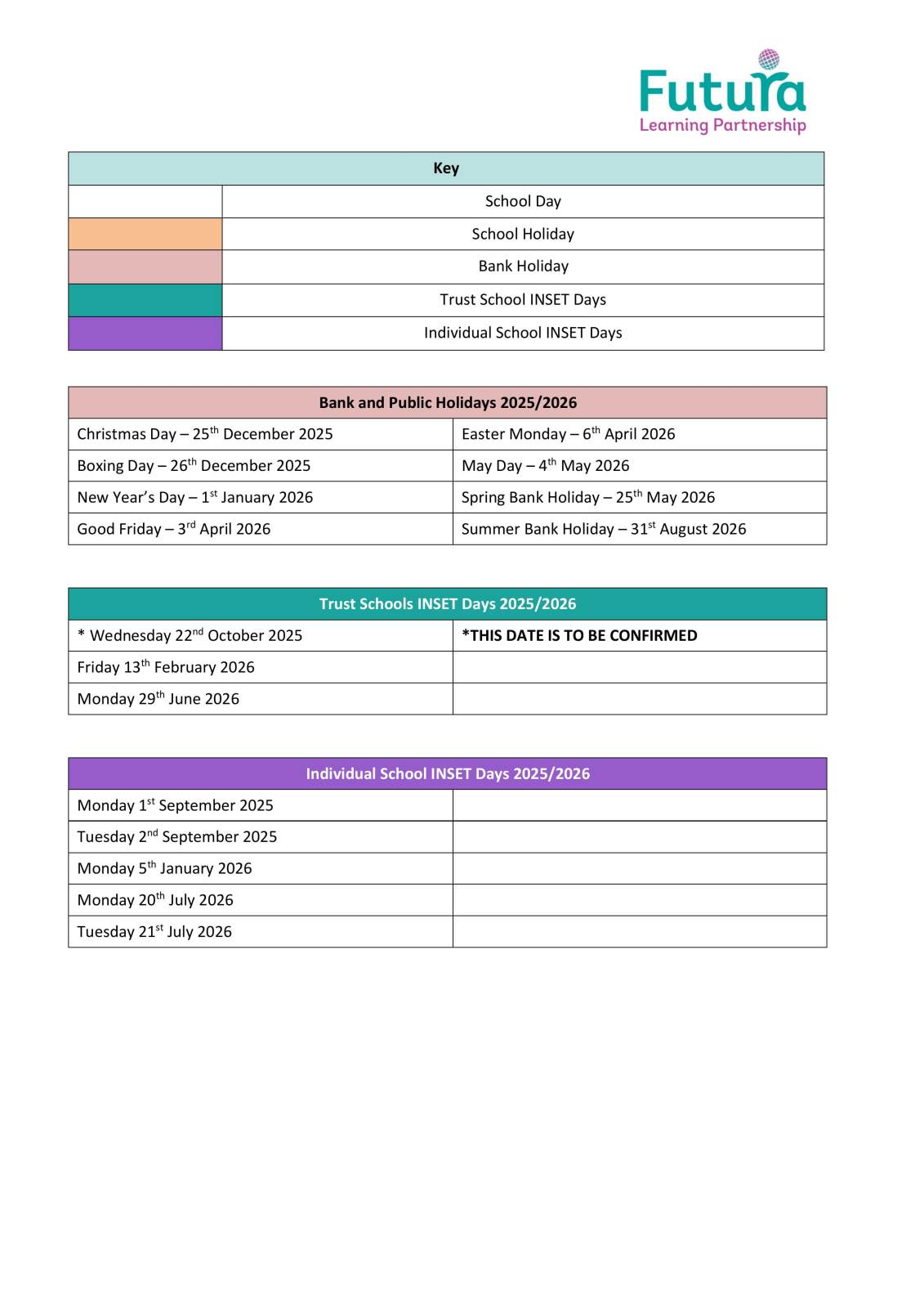 Term dates including INSETS 2025/26